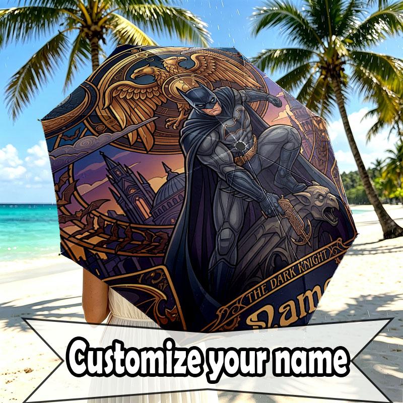 Custom Name Personalized Batman Print Umbrella, Auto Open Close, 8‑Rib Sturdy Frame, Commute Camping Hiking Use, Birthday Gift