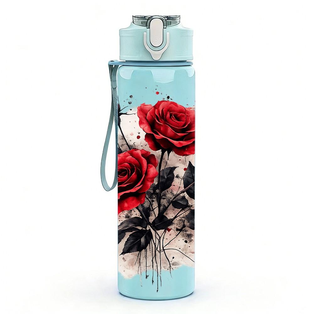 1PC Dark Red Rose Bouquet 750ml Color Plastic Sports Water Bottle Leakproof Flip Straw Lid Suitable for Sports Office Home Use