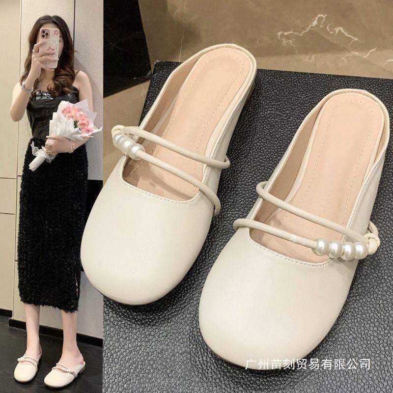 Baotou half slippers spring and summer outer wear year pearl bow soft bottom fairy wind sandals