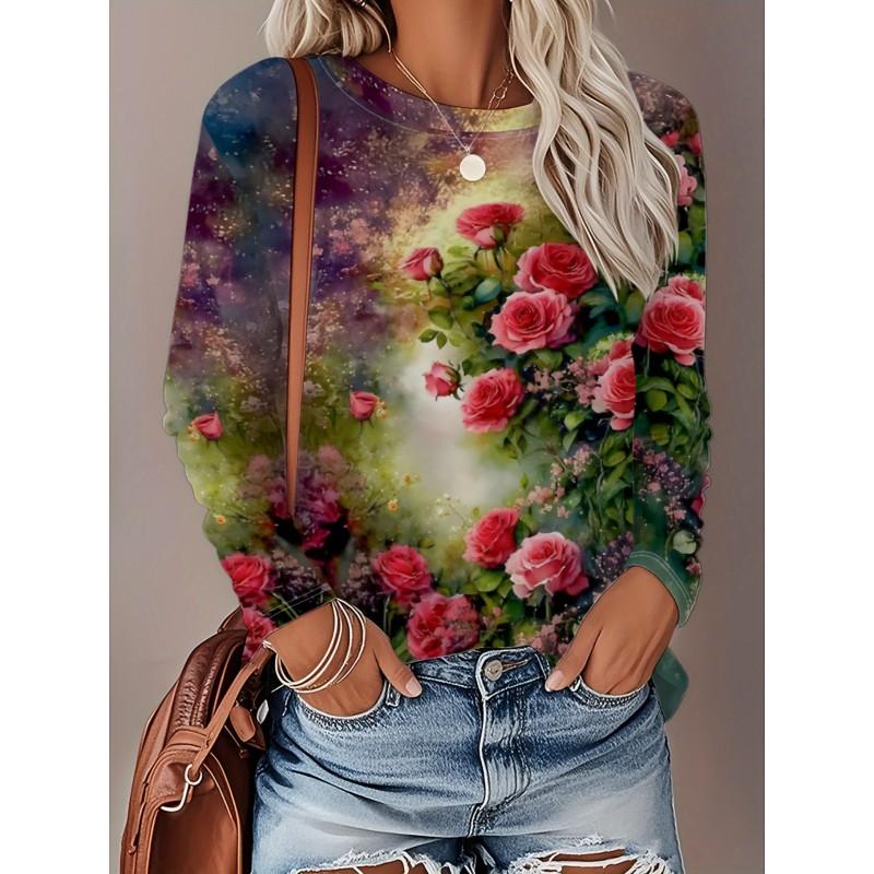 Womens Loose Fit Long Sleeve Round Neck Tee With 3D Peacock Cat Print - Milk Silk Fabric 2025 Casual Top