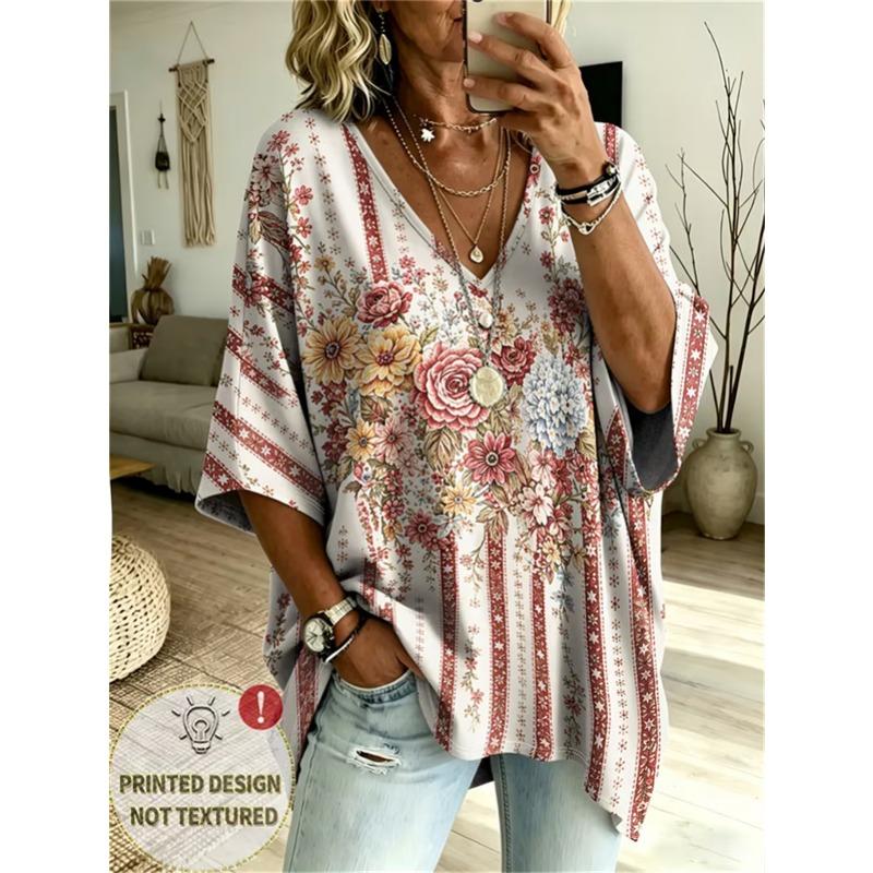 T-shirt da Donna Taglie Forti con Scollo a V e Maniche a Pipistrello Stampa Etnica Bohemien Top Largo Estivo Comodo Traspirante per il Pendolarismo Quotidiano Casual