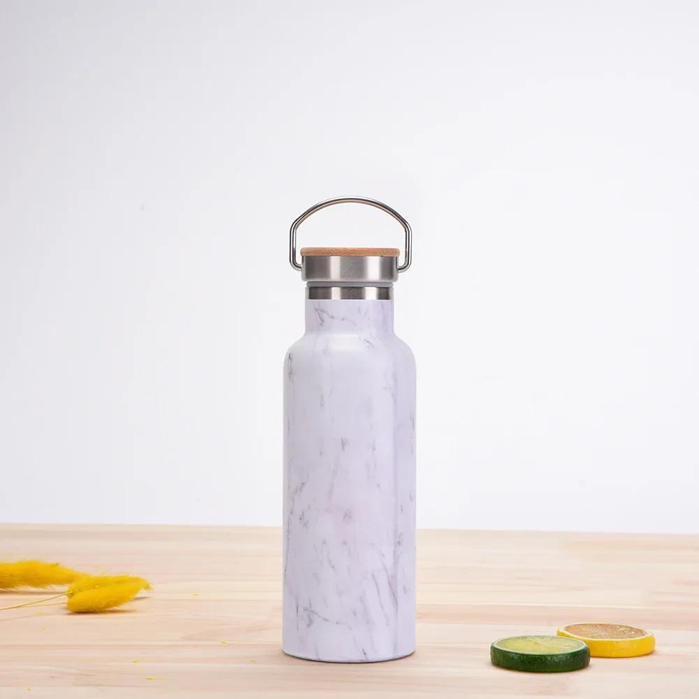 500ML Sports THERMOS CUP With Handle,Bamboo Lid,Printed Drinkware,Stainless Steel Vacuum Flasks,Camping And Gym Water Bottle