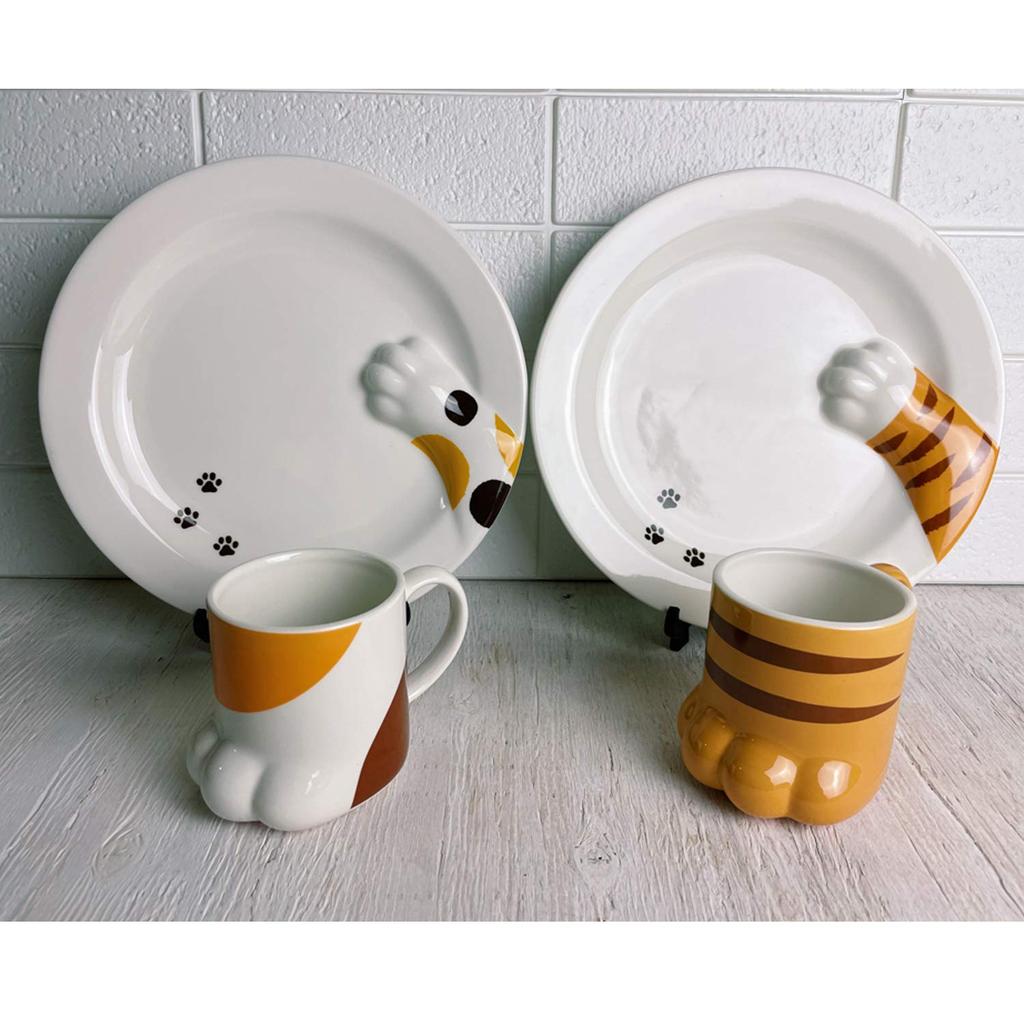 Sun Art Cute Tableware [Cat from the Side] Tiger Cat Plate (with Paw Prints), Medium Plate, 22cm Diameter, White, SAN2505