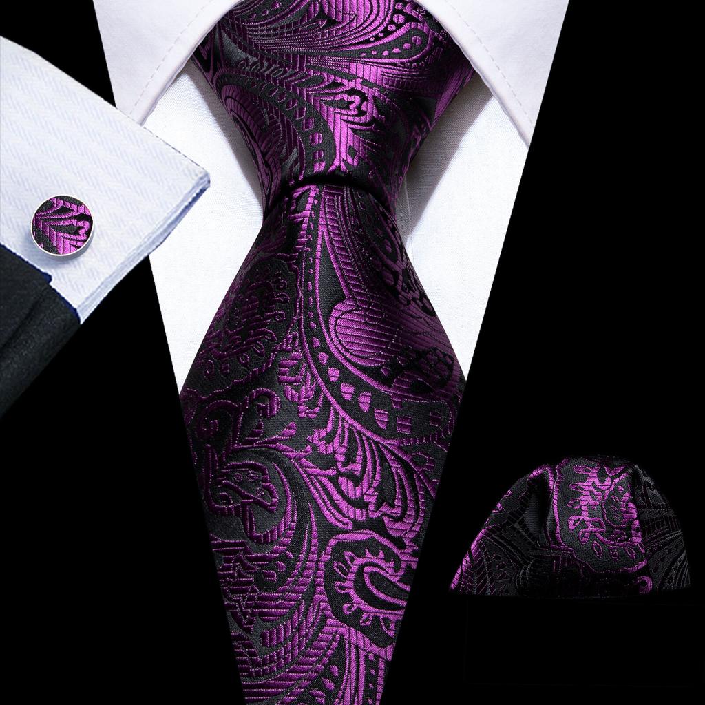 Barry.Wang Floral Ties for Men Woven Paisley Wedding Necktie Handkerchief Cufflinks Formal Casual Set