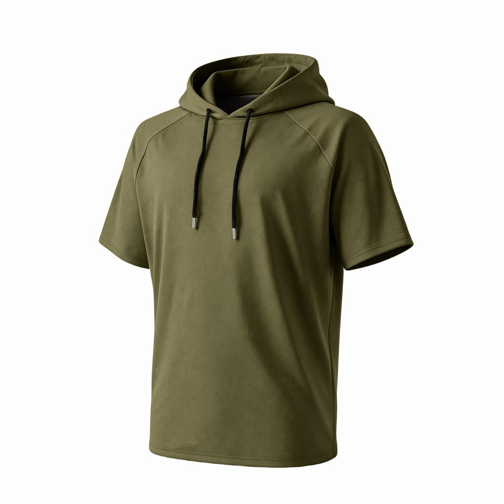 Sudadera con capucha de manga raglán de manga corta para hombre, jersey casual, tejido ligero y transpirable, con capucha y cordón, top para deportes al aire libre