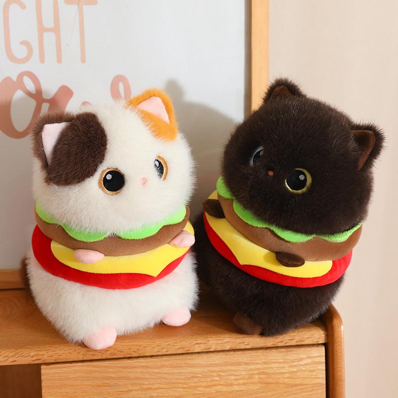 23Cm Hamburger Cat Plush Toy Creative Fluffy Kitten Plushie Siamese 3-Color Black Brown Cat Appeasing Gift