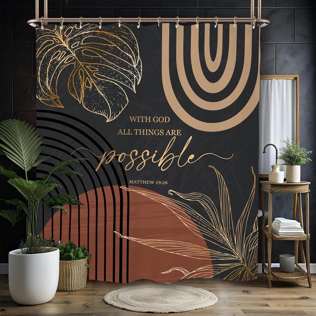 Abstract Zen Spa Shower Curtain Set Minimalist Bible Meditation Modern Aesthetic Contemporary Green Plant Leaves Monstera