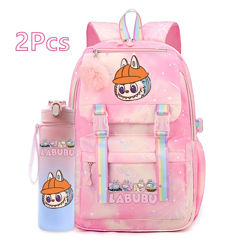 2Pcs/set Cute Cartoon Printed Backpack with 750Ml Outdoor Sports Water Bottle Student Girl Boy Schoolbag Large Capacity Travel Bag Gift