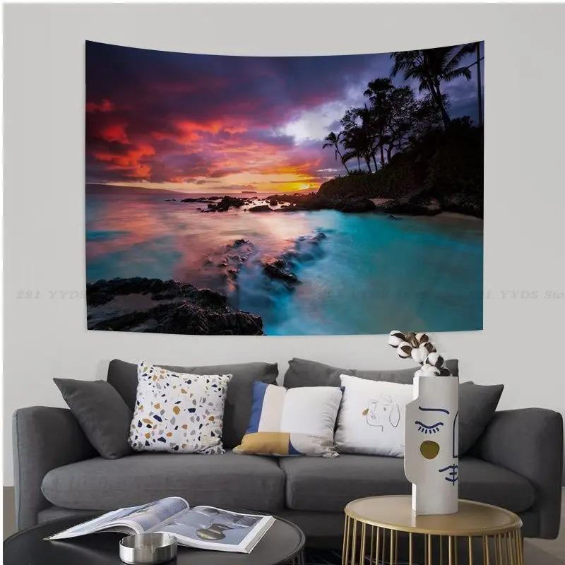 Büro Wohnzimmer Wandteppich Landschaft Strand Sonnenuntergang Cartoon Wandteppich Home Wanddekoration Wandteppich