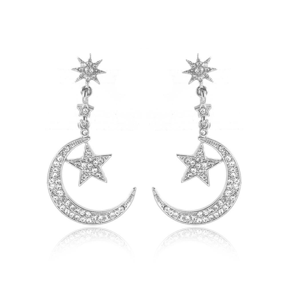 Trendy Gold Alloy Star Moon Earrings Sparkling Fashion Dangle Earrings For Women