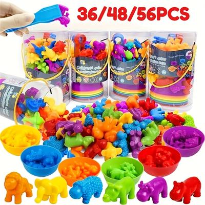36/48/56pcs Counting Matching Game Toys with Rainbow Bowls - Color Sorting & Sensory Training Toys, Learning Gifts
