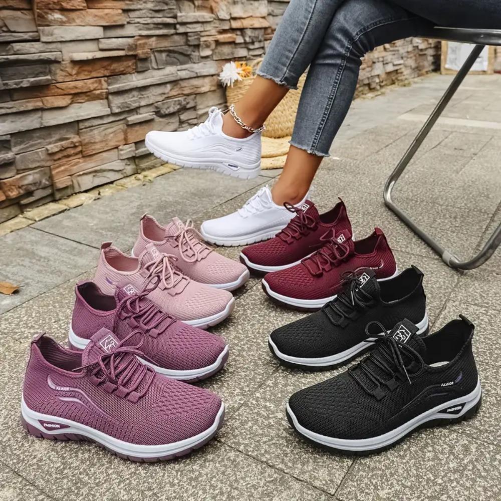 Women'S Casual Sports Outdoor Running Walking Daily Commuting Lace-Up Patterned Double-Layer Easy-On-Off Knitted Shoes