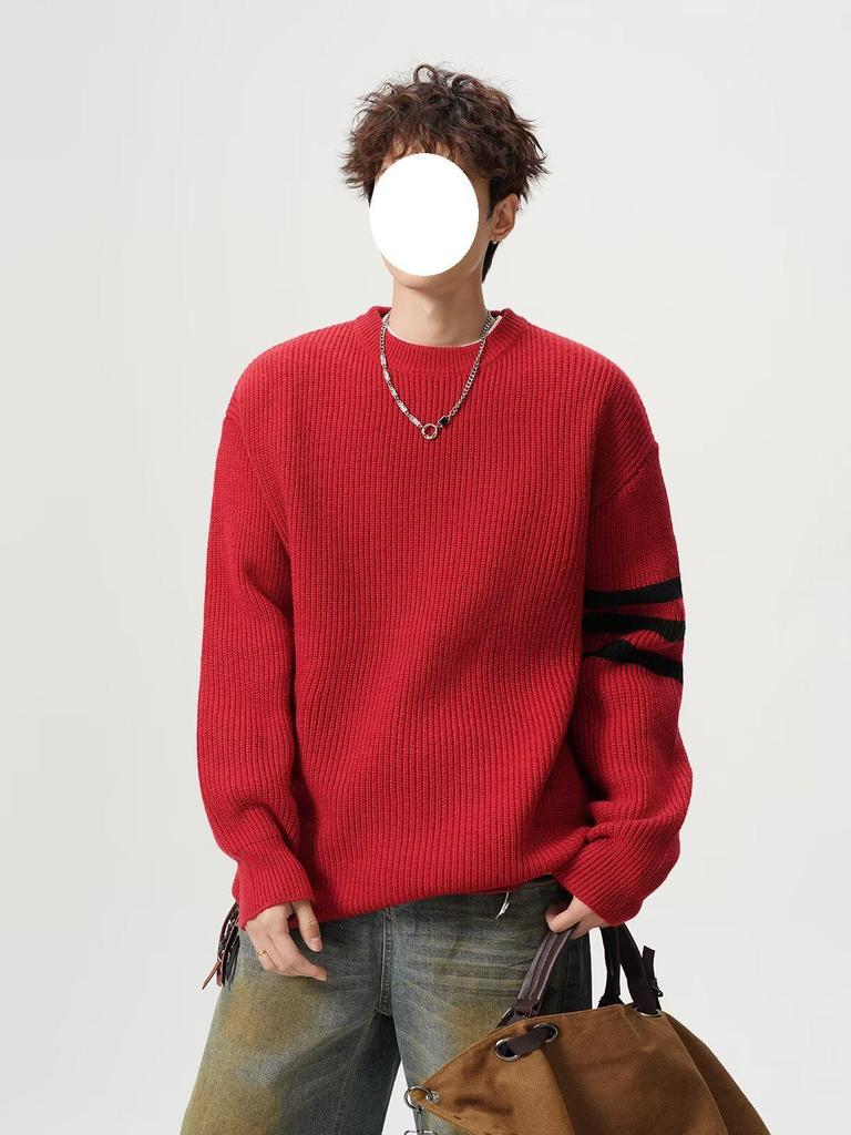 Men's Trendy Solid Color Round Neck Knitted Sweater - Autumn/Winter Casual Long Sleeve Korean Style Base Layer