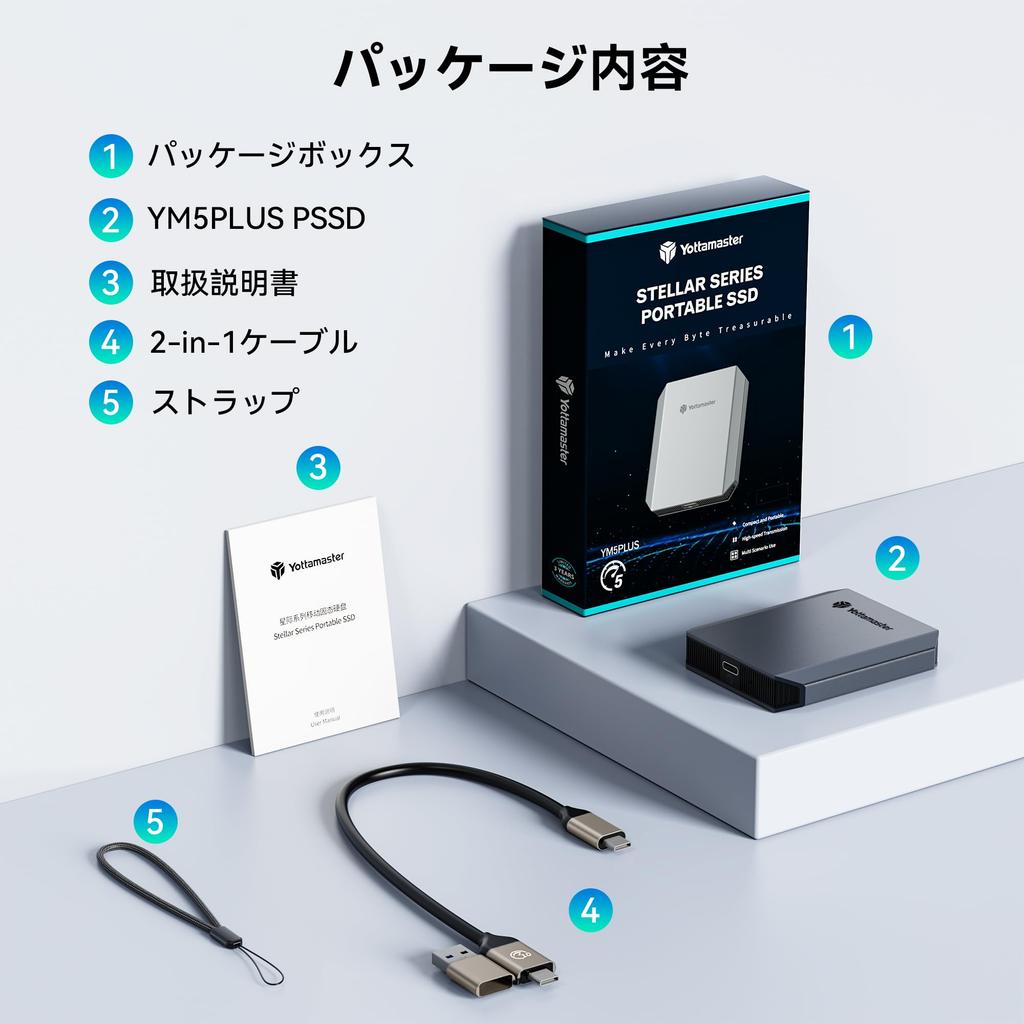 Yottamaster External SSD Maximum 2 in 1 Cable Strap Portable SSD Small and Lightweight Compatible with iPhone 256GB, 460MB/s, USB-C/A & Included,