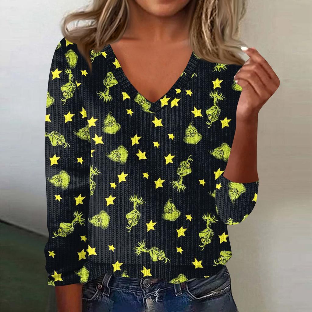 Women's Cute Sweatshirt Knitted Fashion Casual V-neck Long-sleeved  Cozy Print Top