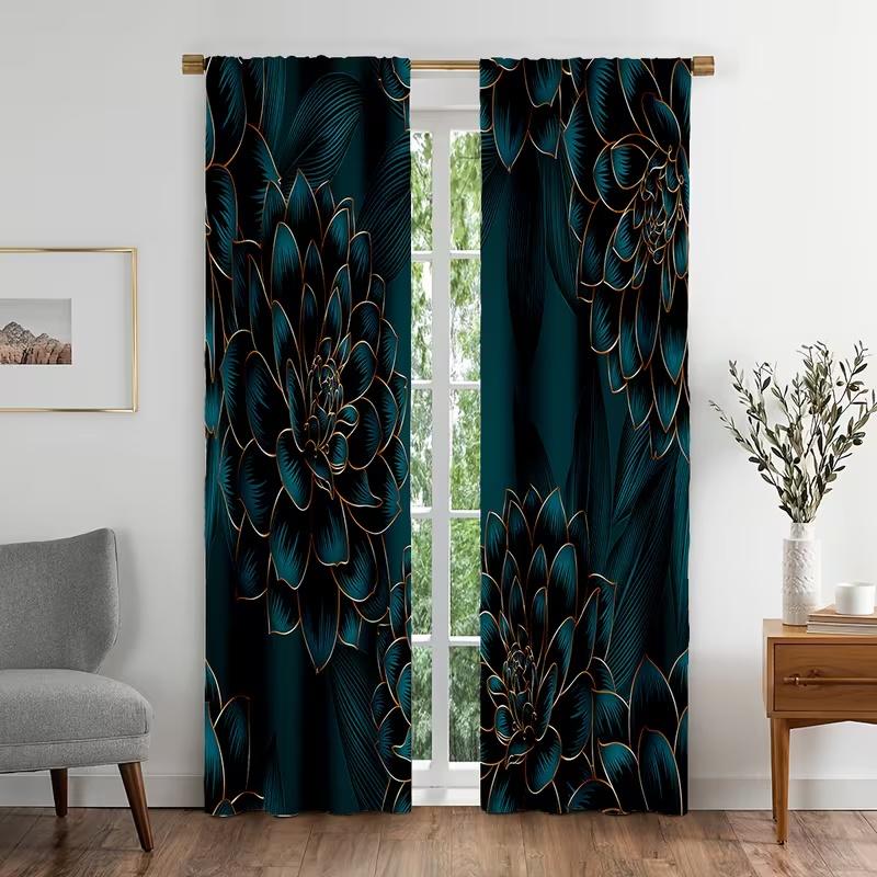 2 st Blå gardiner med stort blomtryck, lämpliga för sovrum, vardagsrum, köksdekoration, heminredning, fönsterdekoration