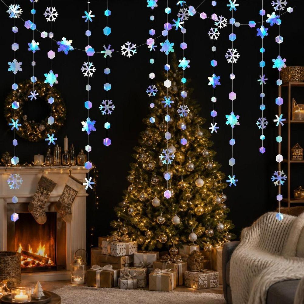 4m Paper Snowflake Streamer Romantic Glitter Christmas Hanging Streamer Reusable Elegant Christmas Snowflake String