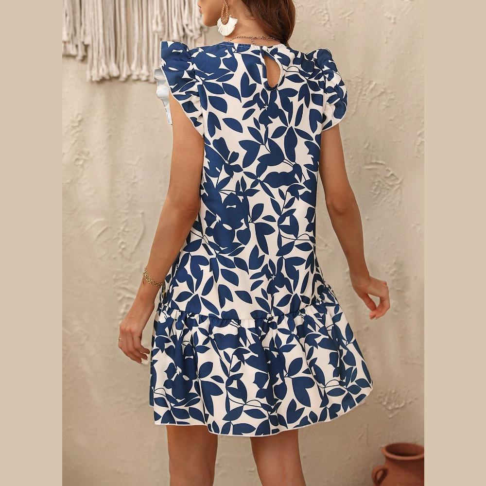 GMXIA Women's Summer O-Neck Printed Ruffle Dresses