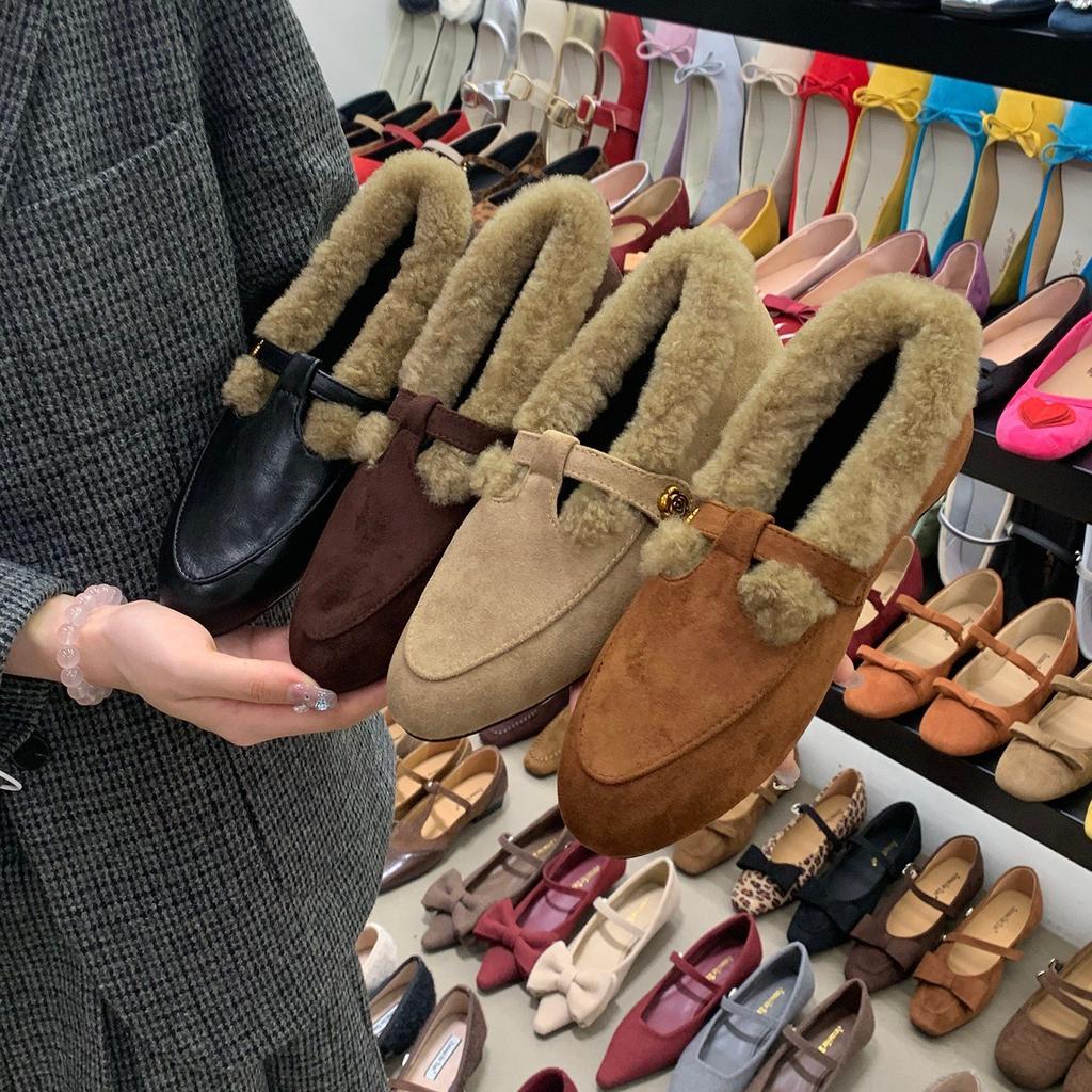 Retro round head plush shoes 2025 autumn and winter Mary Jane warm cotton shoes small leather shoes