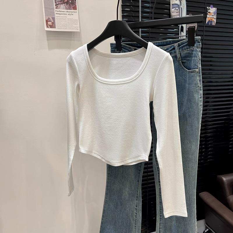 

apricot front shoulder curved hem long-sleeved T-shirt women s early autumn square collar slim and thin irregular bottomed shirt top XL білий