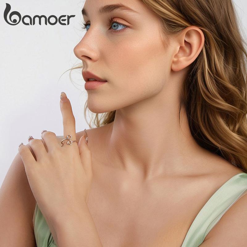 BAMOER 925 Sterling Silver Heart Open Adjustable Ring for Women Simple Stackable Band Rings