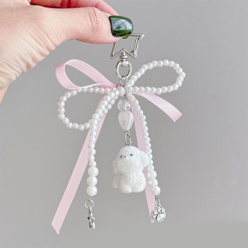 Fashionable Faux Pearls Bowtie Charm Stylish Bowknot Ribbon Keychain Bag Ornament Jewelry for Purses and Accessories