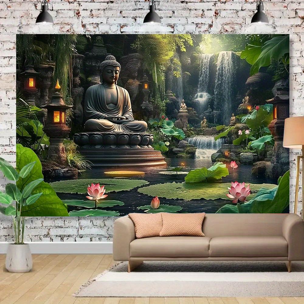 Grande arazzo da parete piatto 2D Buddha per meditazione Zen da giardino, ispirazione thailandese per fondo di stagno e cascata con statue di Buddha, fo
