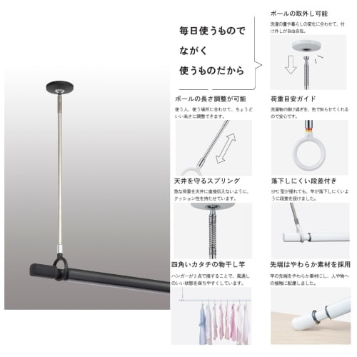 Kawaguchi Giken Hosclean Indoor Clothes Drying Pole Set, Standard Size, QL Type, Black, QSC-15-BK (1 QL-15-BK + 2 SPC-BK)