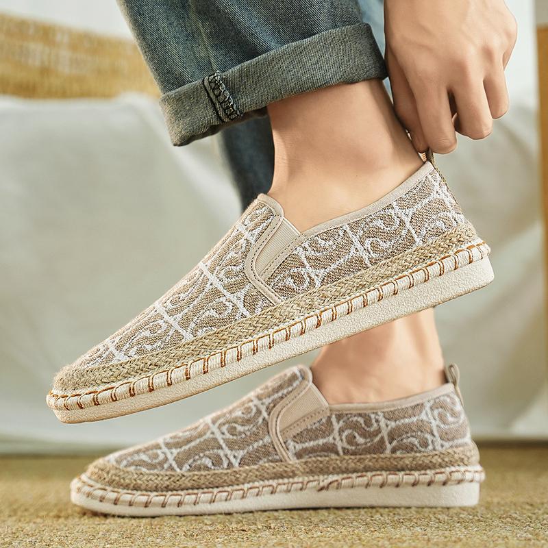 

Men s Canvas Shoes Breathable Flat Bottomed Lightweight Fisherman s Shoes Bohemian Boat Shoes Embroidered Slip-on Loafers 39 бежевый