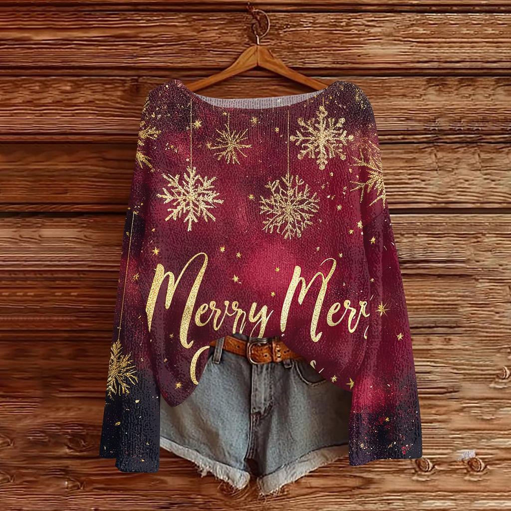 Women's Round Neck Lightweight Sweater Casual Long Sleeve Christmas Print Knit Pullover.