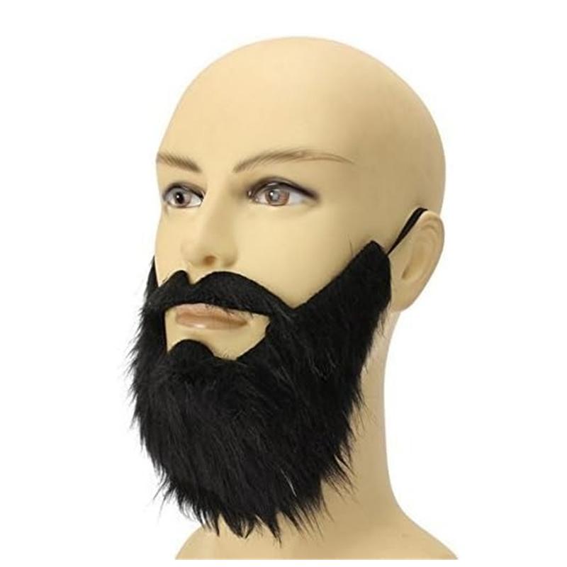 Black Fake Beard & Mustache Set - Unisex Costume Facial Hair for Halloween, Parties, Disguise Games & Pobooth Props