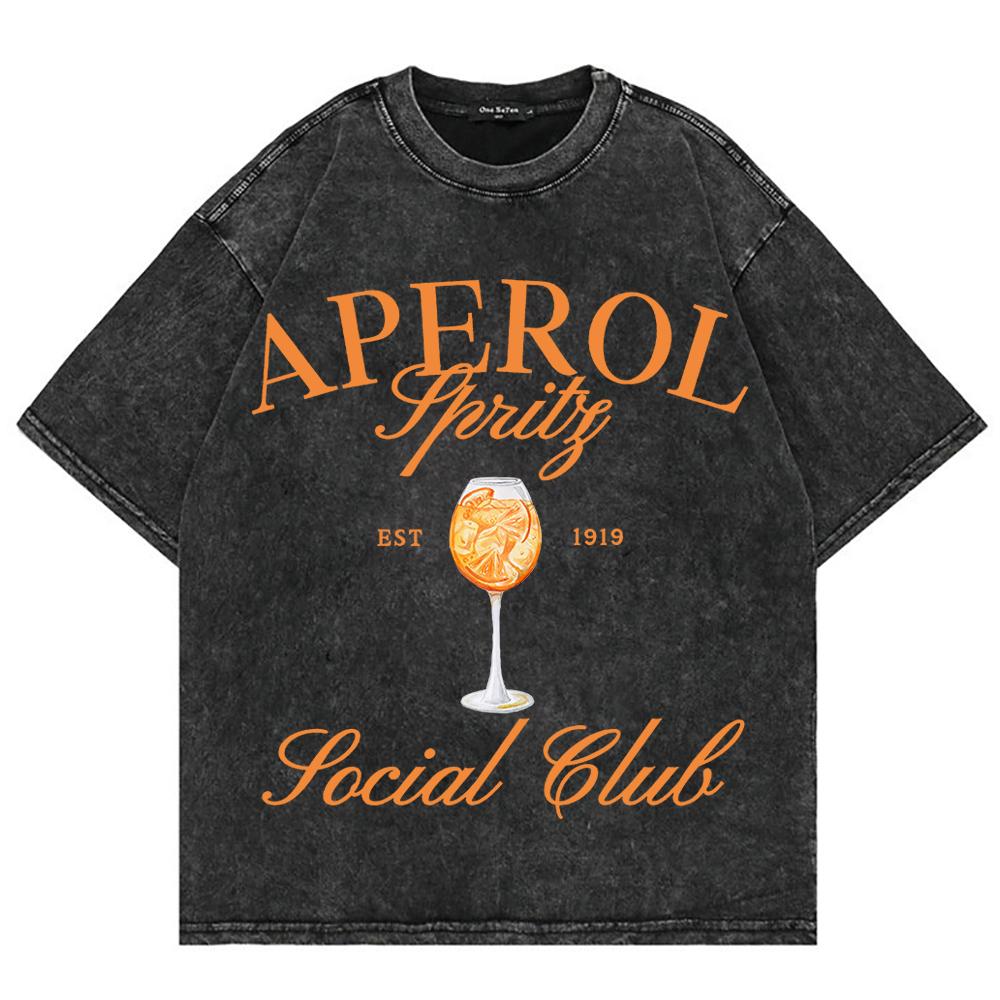 Cotton Vintage Washed Aperol Spritz Club Tshirt New Fashion Men Casual Retro Lemon Cool Oversize Loose Acid Wash Tee Shirt
