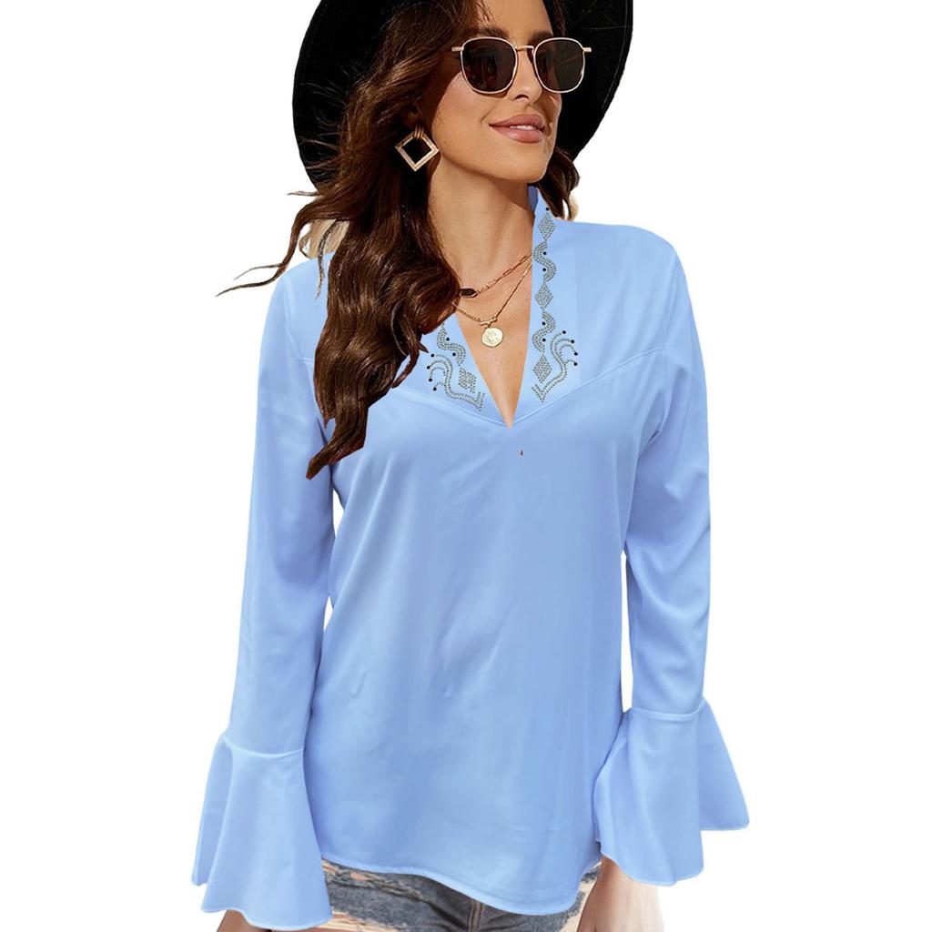 HNXC Women's Autumn Collection: Low-cut, Rhinestone, High-neck, Solid-color Lotus Leaf Long-sleeved Shirt for Women