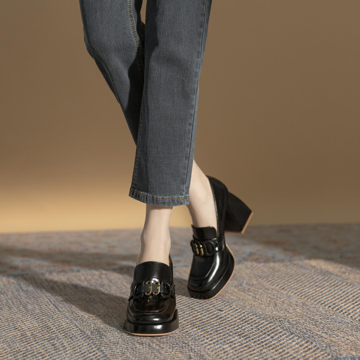 

Metal buckle platform loafers spring and summer new versatile British style small leather shoes waterproof table super high heel single shoes women 34