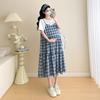 2026 Summer Korean Style Maternity T-shirt Dress with Plaid Patchwork - Fake Two-piece Set