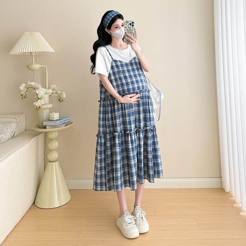 2026 Summer Korean Style Maternity T-shirt Dress with Plaid Patchwork - Fake Two-piece Set L