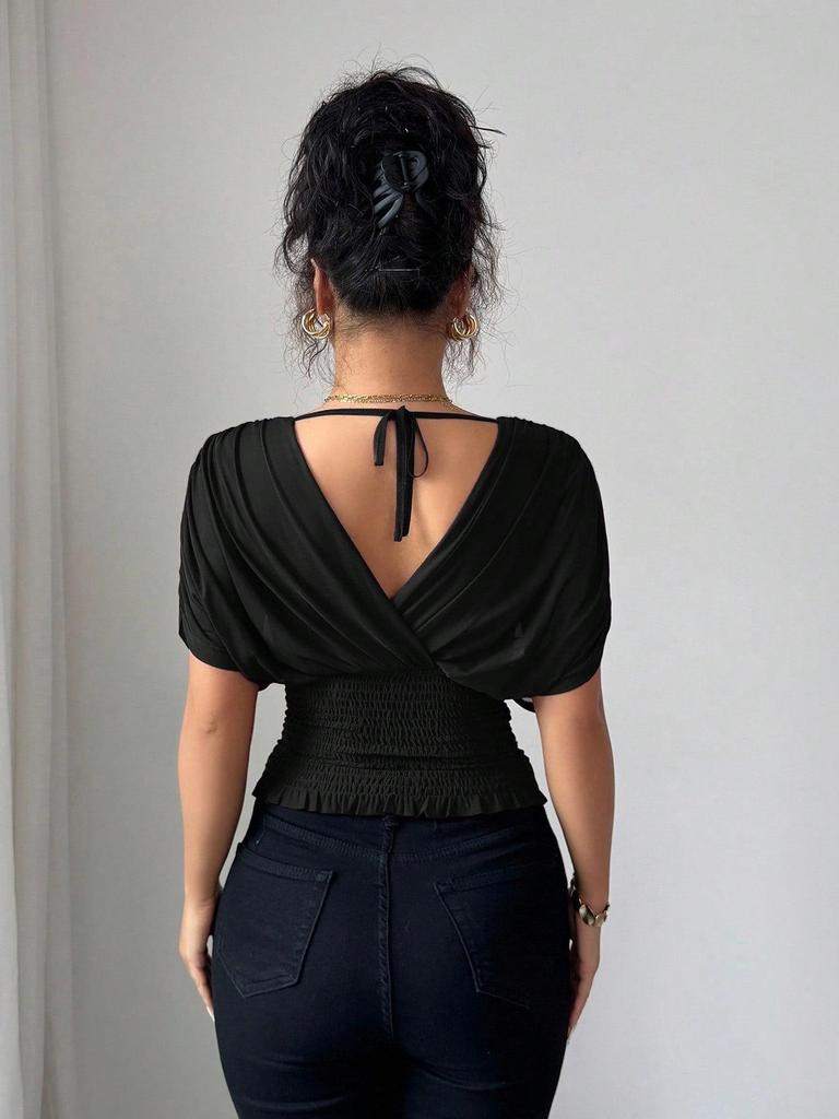 European and American Fashion Deep V-neck Puff Sleeve Fitted Waist Women's Top