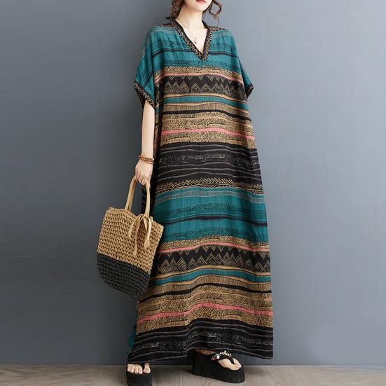 Plus Size Cotton Linen Maxi Dress for Women Loose V-Neck Short Sleeve Long
