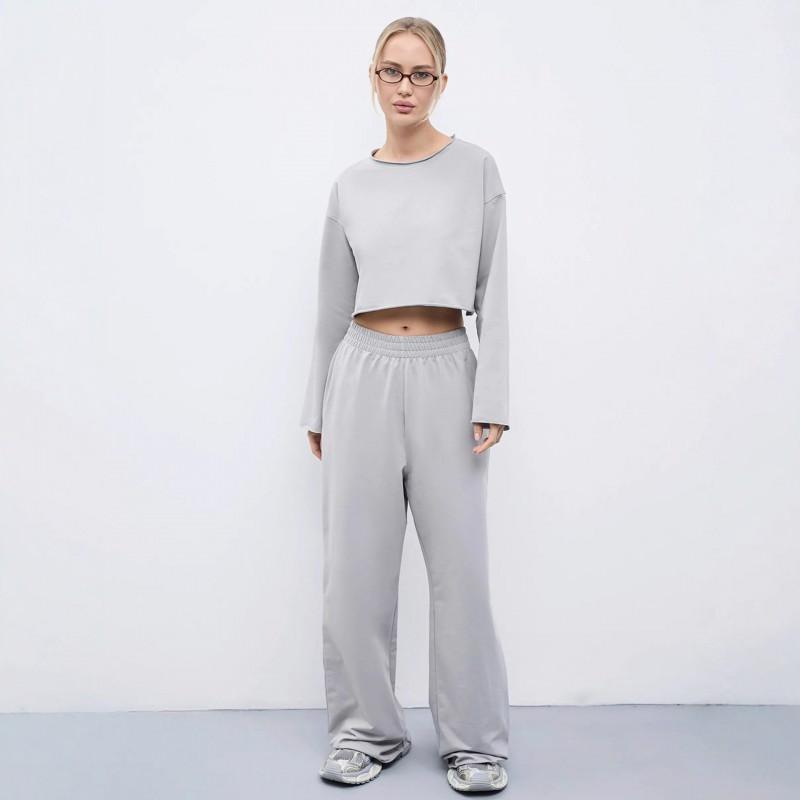 Womens Casual 2-Piece Set Long Sleeve Round Neck T-Shirt Elastic Wide Leg Pants Pure Color Streetwear