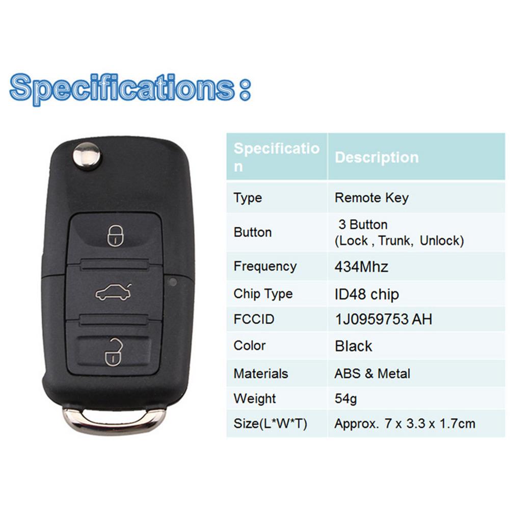 Central Locking Car Remote Key For Volkswagen Beetle Caddy Golf Mk6 3 Buttons Flip Smart Key Fob Chip ID48 Remote Control Key