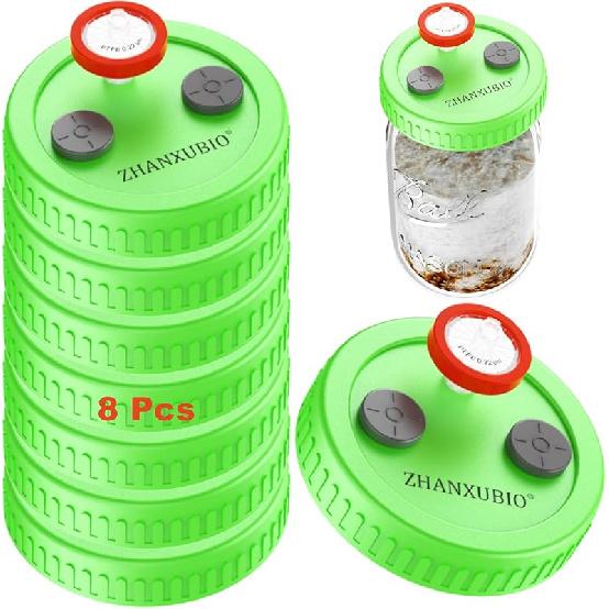 Крышка для банки с жидкой культурой грибов Широкое горлышко Обычное горлышко Пищевой пластик Крышка для банки Мейсона с PTFE-мембраной и самозатягивающимися инъекционными портами Для 8Pcs-Green