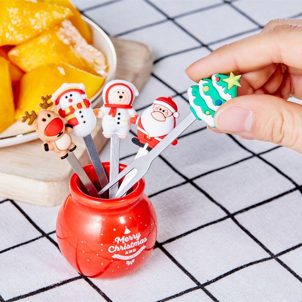 5pcs/Set Dessert Fruit Forks Christmas Stainless Steel Mini Salad Food Dinnerware Cutlery Set