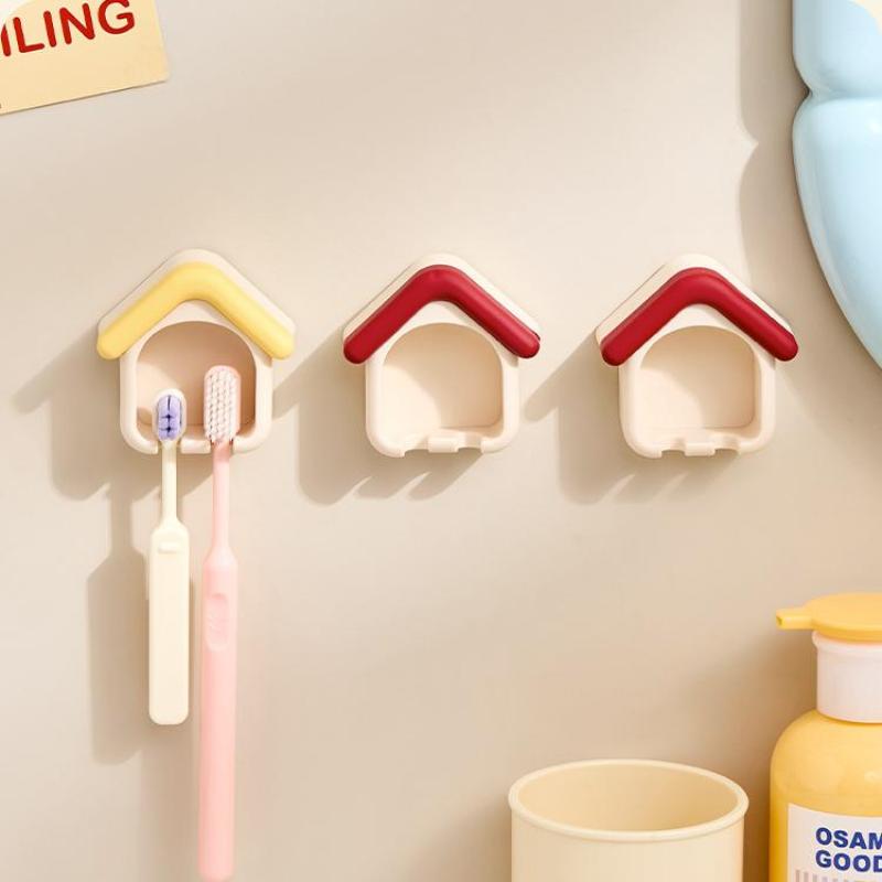 House Shape Toothbrush Holder Punch Free Wall Mounted Toothbrush Storage Rack Draining Bathroom Organizer For Bathroom Decor
