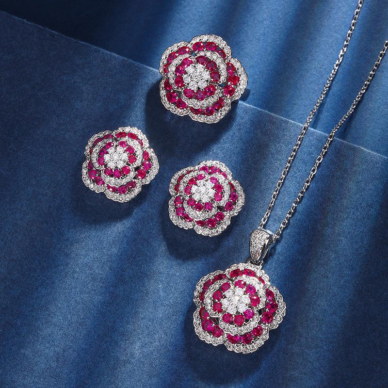 Autumn And Winter Jewelry Copper Bottom Gold-Plated Simulation Red Corundum Rose Temperament Light Luxury Suit Women