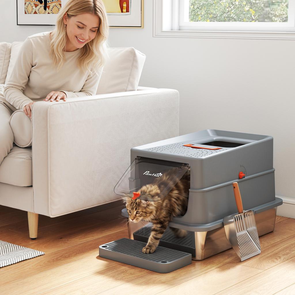 Stainless Steel Cat Litter Tray with Lid, XL 90L Enclosed Cat Litter Box with Step, Scoop, High Side, Dark Grey