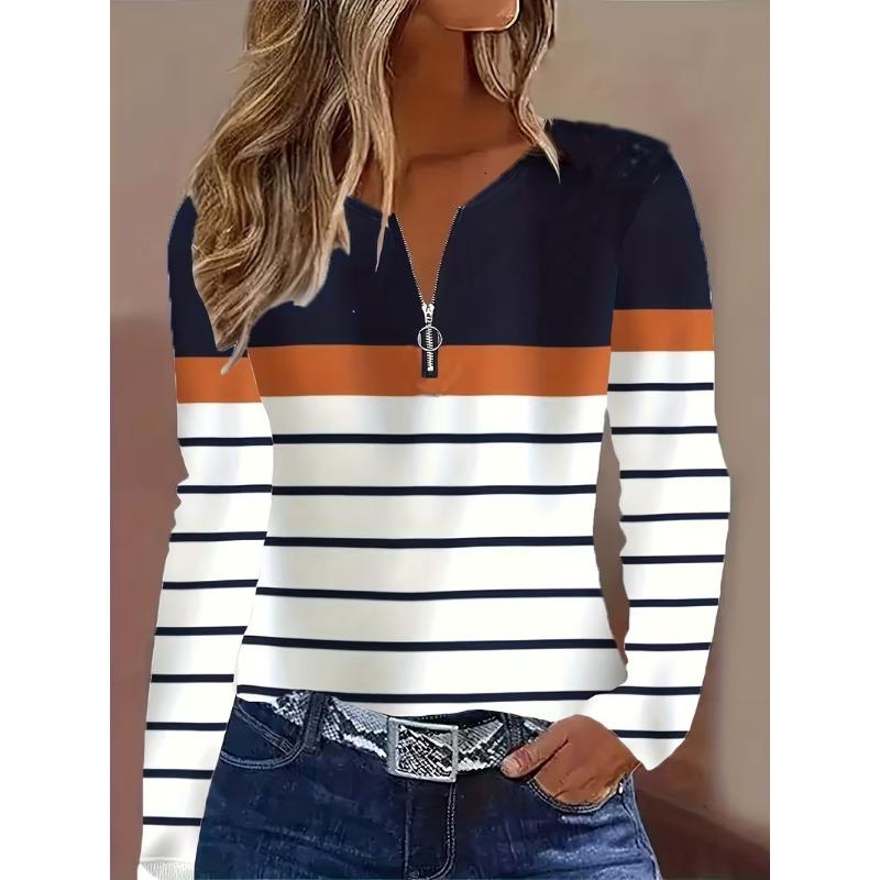 Ladies' 3D Printed V-neck Zipper T-shirt with Glossy Long Sleeved Top and Half Zipper Long Sleeved T-shirt