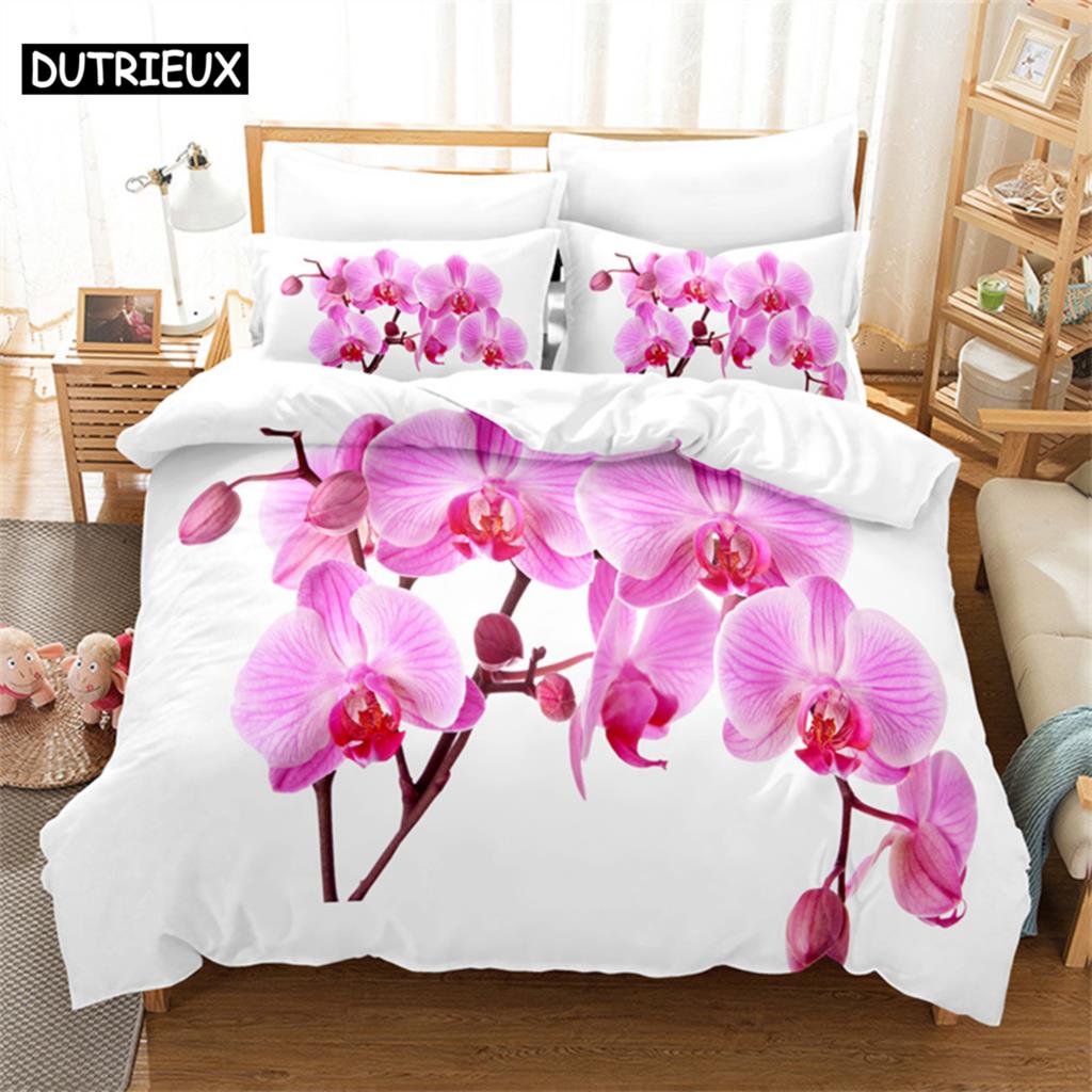 Pink Phalaenopsis Queen Bedding Set Girls Duvet Cover Bedroom Bed Set Comforter Cover Set King Size Duvet Cover Set Bedding Sets