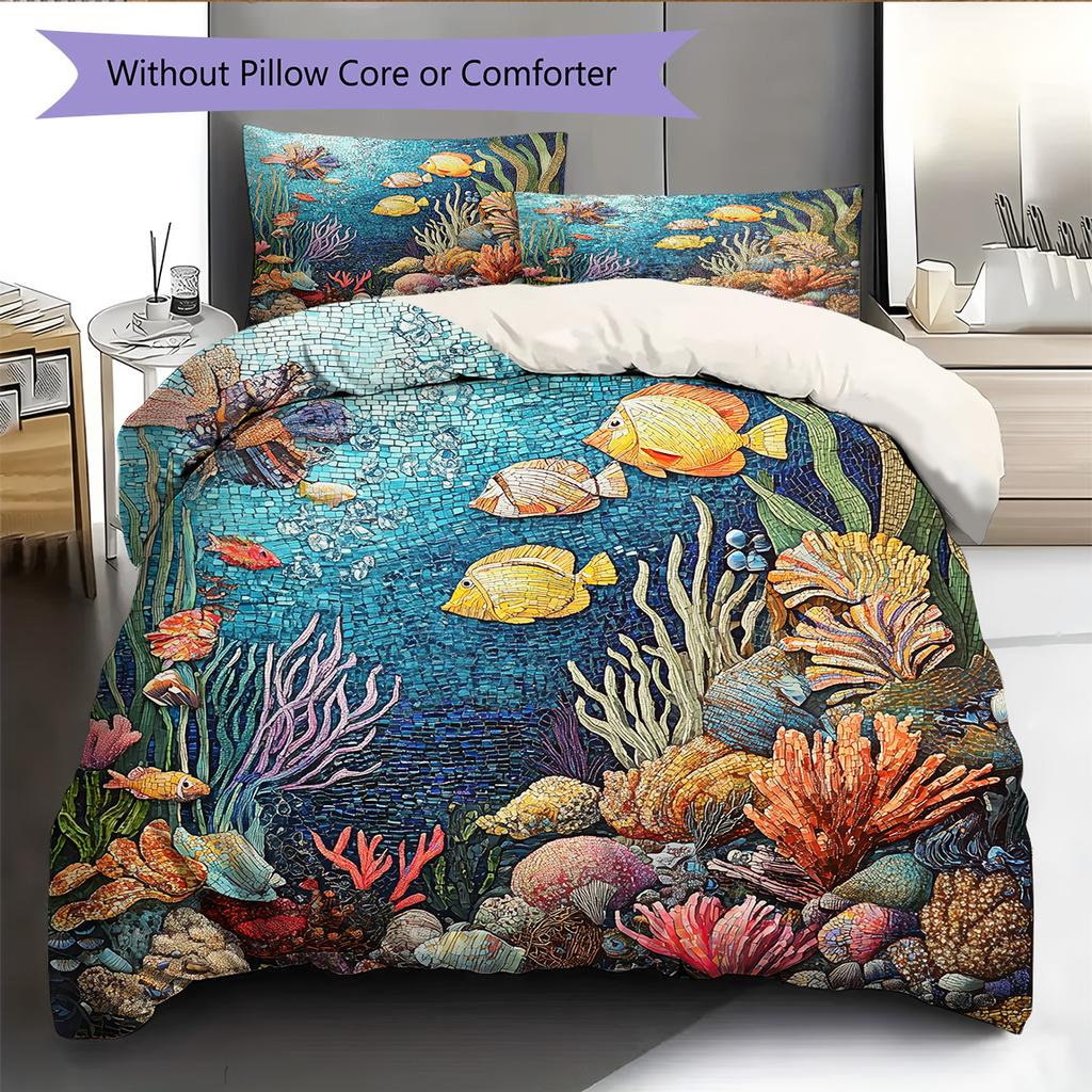 Ocean Fish Pattern Bedding Quilt Set Home Decoration Gift (1 * Duvet Cover + 2 * Pillowcase Without Core)