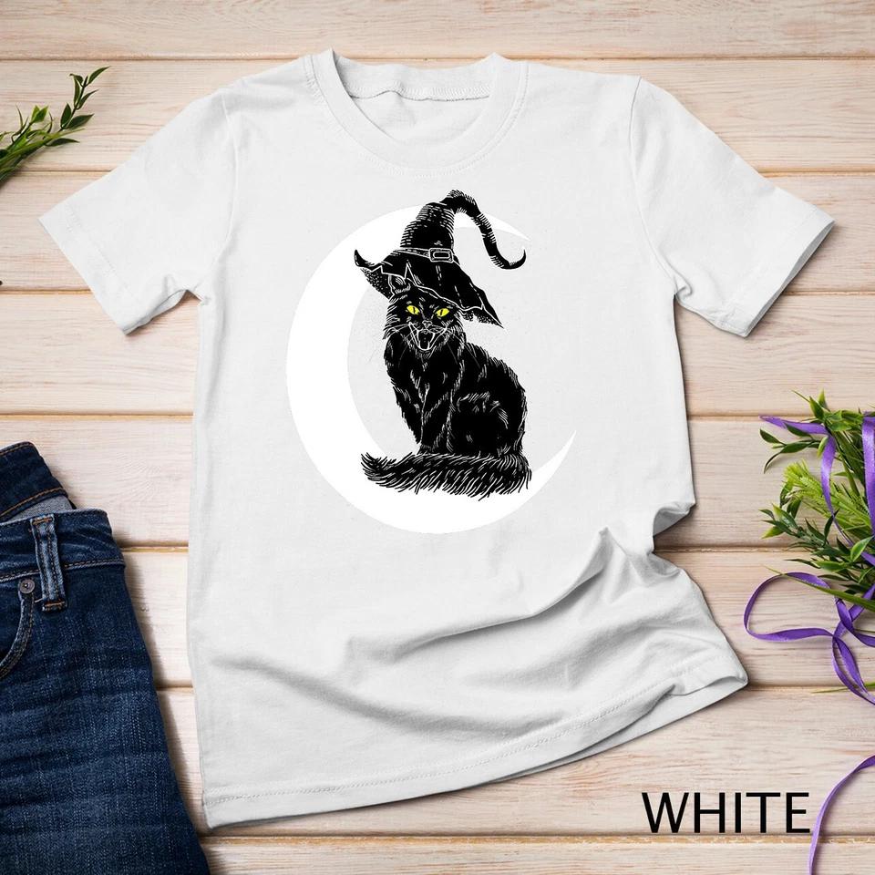 Vintage Halloween Scary Black Cat Witch Hat Moon Witchy Gift Unisex T-shirt 8 XL