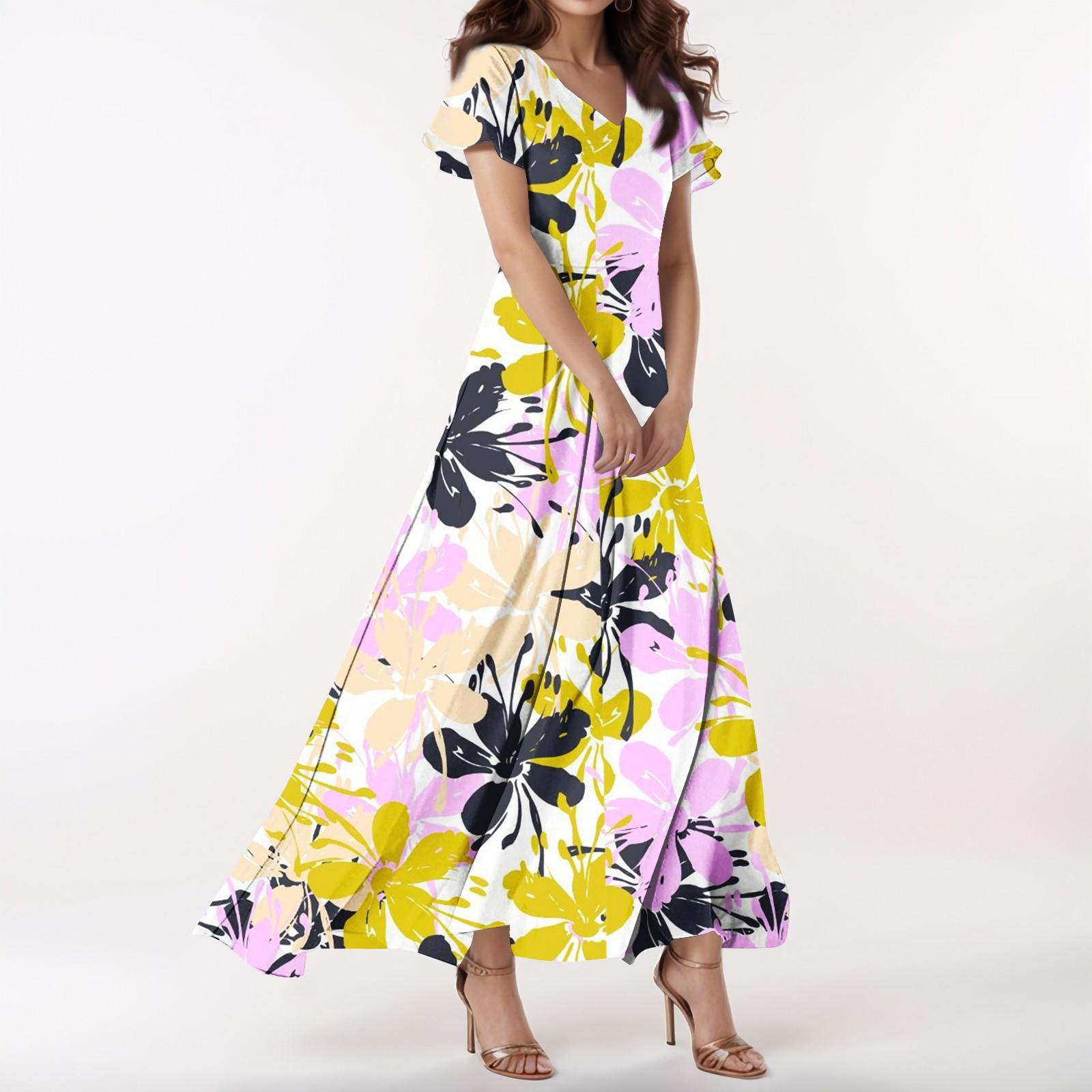 

Женское повседневное платье с V-образным вырезом, коротким рукавом, высокой талией и принтом в виде цветов и листьев в стиле ретро XL жёлтый